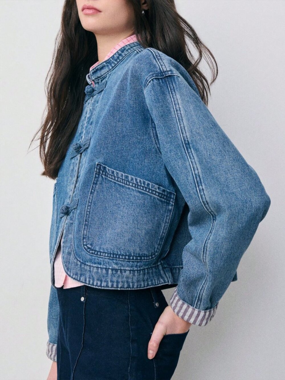 Medium Wash Casual Women's Pocket Drop Shoulder Oversized Denim Jacket